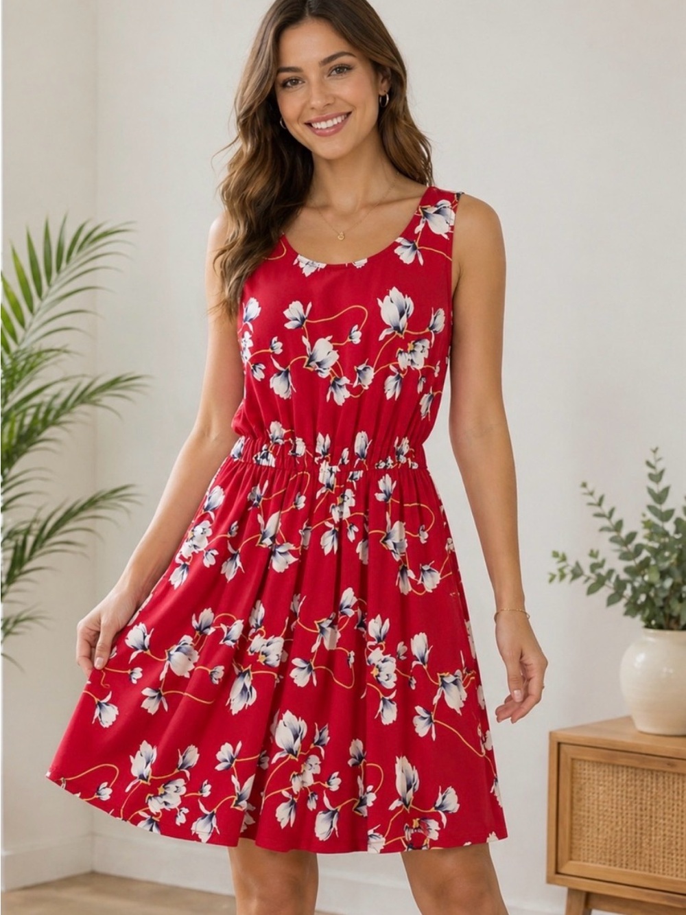 French Grey Red Floral Sleeveless Mini Dress